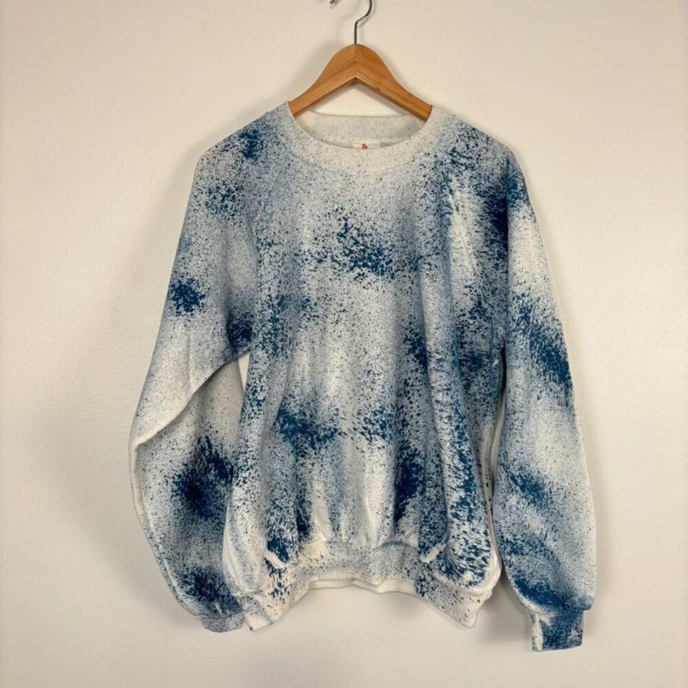 Vintage 80s Campus Athletics Bleach Splatter Sweatshirt White Blue Sz L USA